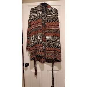 Free People Lona Cardigan Black/Grey/Red Shaggy Knit Duster Sweater w Sash XS